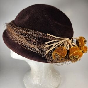 Vintage FLAMAND Velour Hat Floral Made Italy Chocolate Brown Netting 1930s Saks